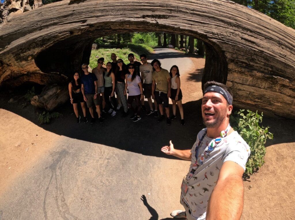 selfie de coordinador weroad con detrás grupo de viajeros debajo de un tronco a forma de túnel en el sequoia national park en california
