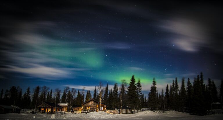 arboles y casitas y la aurora boreal en el cielo, algo que ver en suecia