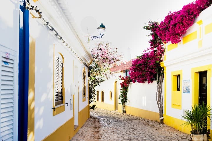 casas blancas y flores rosa en una calle adoquinada de ferragudo, algo que ver en algarve - weroad