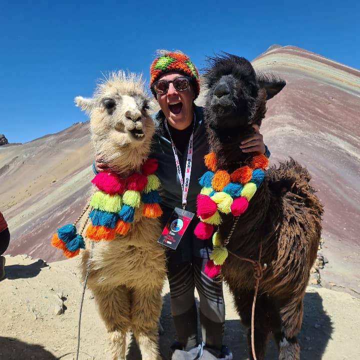 Viajera weroad en medio de dos alpacas en peru, en la montaña arco iris