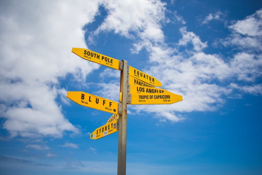 palo con carteles amarillos que indican donde se encuentran distintos destinos por el mundo, cielo azul detrás.