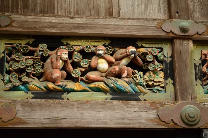Tres monos sabios, decoracón del santuario Toshogu