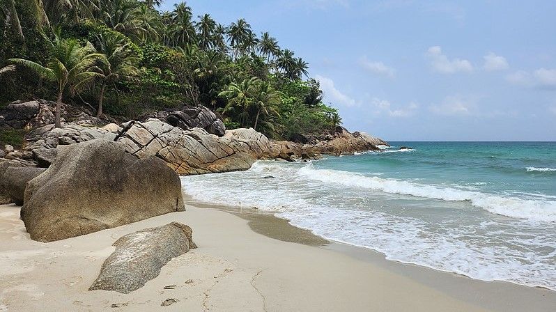 playa con palmeras y rocas, bottle beach en koh phangan, tailandia