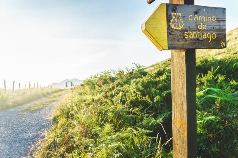 Señal de madera del Camino de Santiago con una flecha amarilla, situada junto a un sendero rural iluminado por el sol.