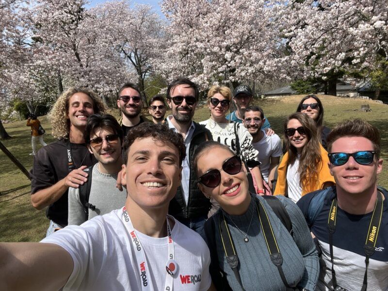 Un selfie de grupo de viajeros WeRoad sonriendo frente a cerezos en flor durante la primavera en Japón.
