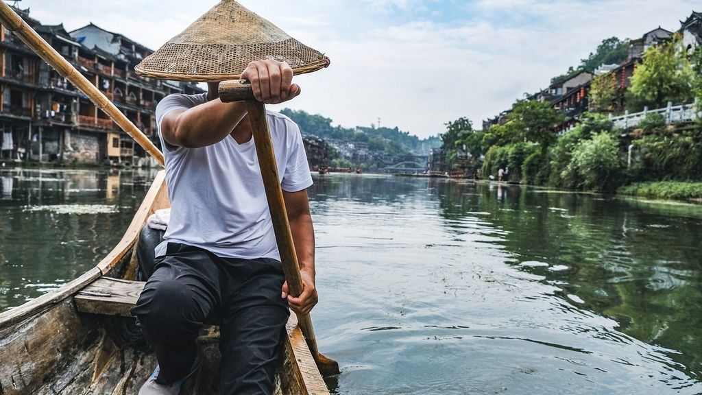 Barquero con sombrero tradicional en un río en China, rodeado de antiguas casas de madera.