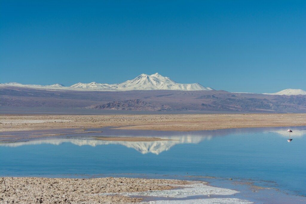 Salar de Atacama reflejando montañas nevadas al fondo