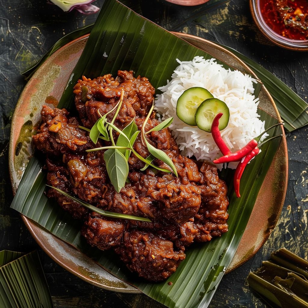 Rendang indonesio servido sobre hoja de plátano con arroz blanco, pepino y chiles.