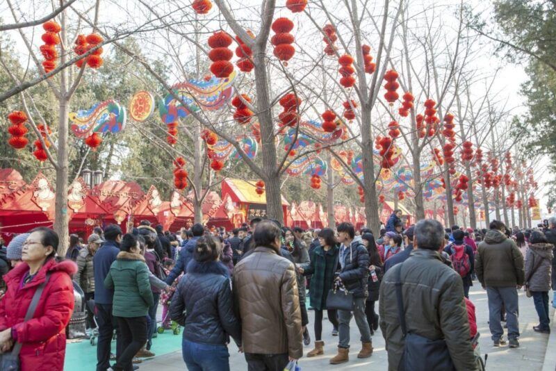 Una multitud celebra el Año Nuevo chino en Pekín, caminando bajo árboles decorados con linternas rojas tradicionales.