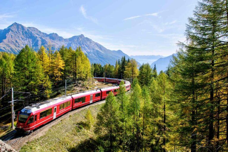 Tren rojo de vía estrecha atravesando un bosque de alerces dorados en los Alpes suizos
