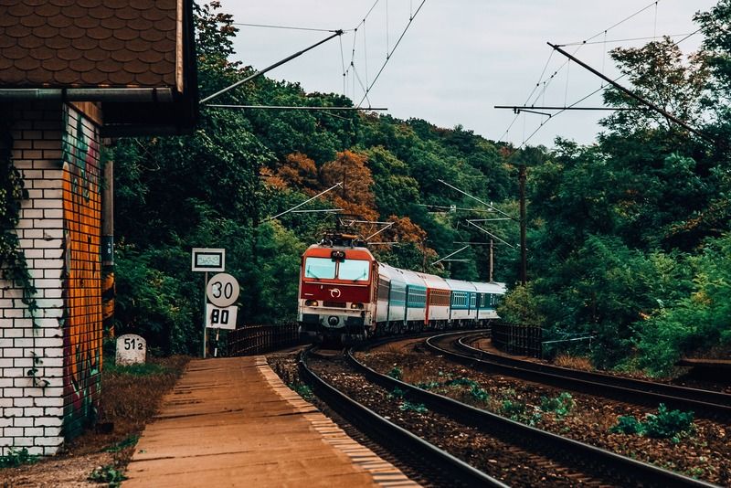 Train rouge et blanc arrivant dans une petite gare forestière à la campagne