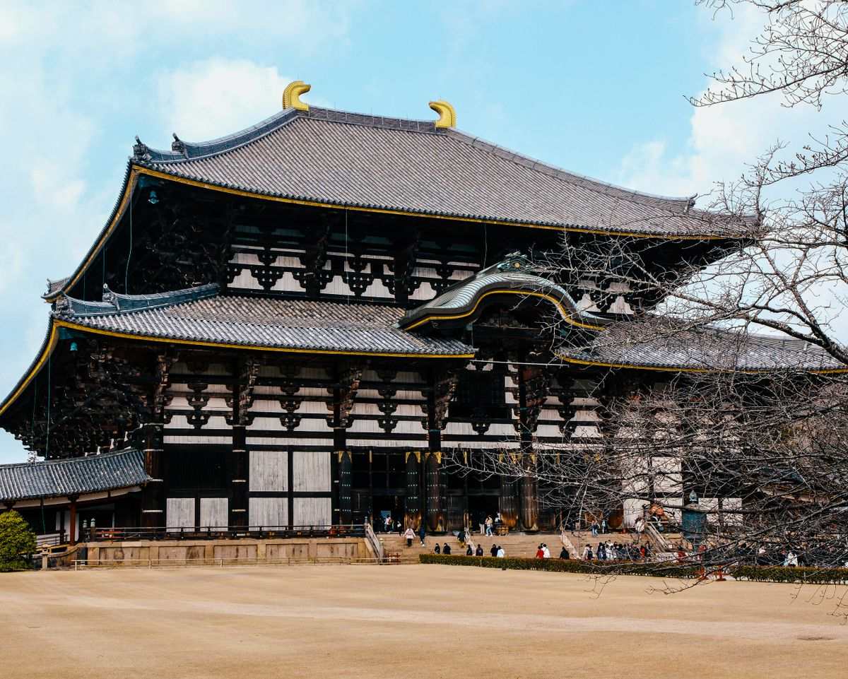 Gran templo de madera con tejado inclinado y árboles sin hojas delante