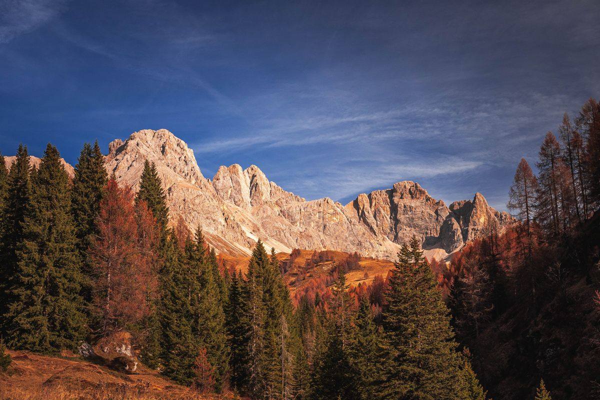 Picos rocosos de las Dolomitas sobre bosque otoñal en tonos rojizos y verdes