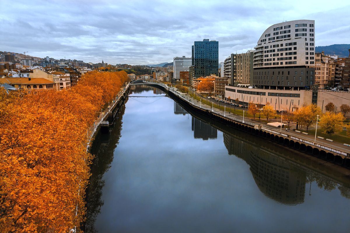 Río en Bilbao rodeado de árboles anaranjados y edificios modernos