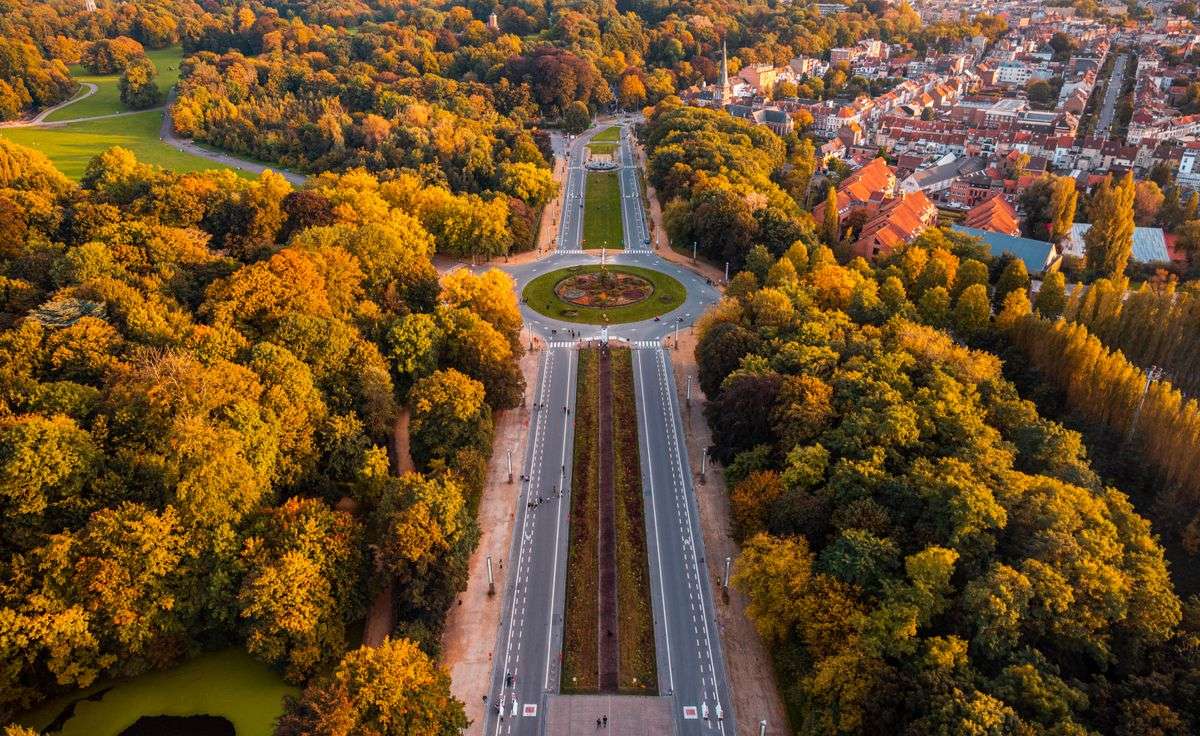 Vista aérea de una avenida arbolada y una rotonda entre bosques otoñales en Bruselas